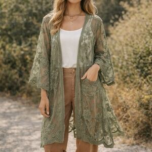 Dizzy Gal Olive Green Lace Duster Kimono | Sheer Bohemian Maxi | One Size